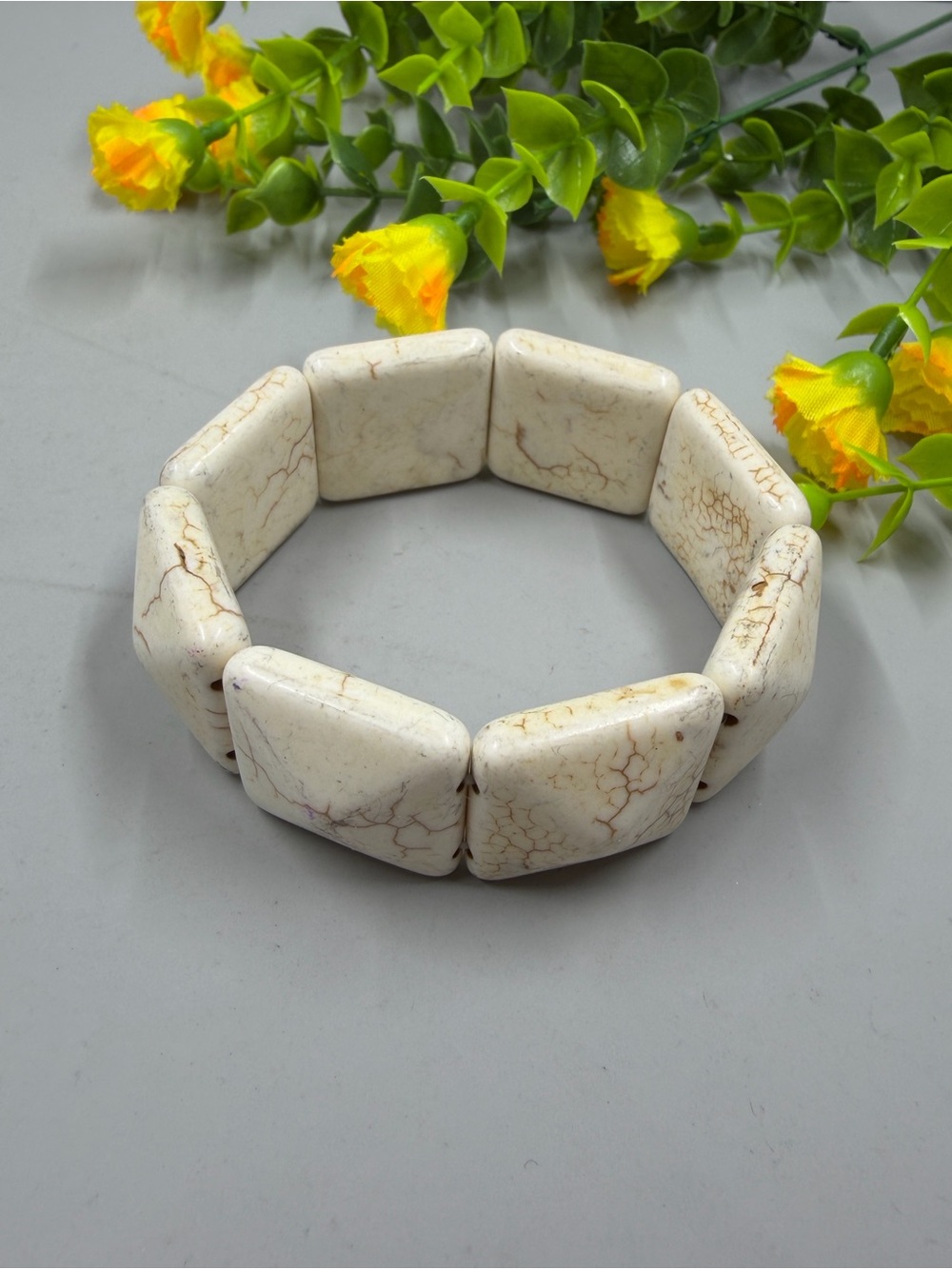 Genuine Stone Howlite Square Bead Vintage Stretchy Bracelet
